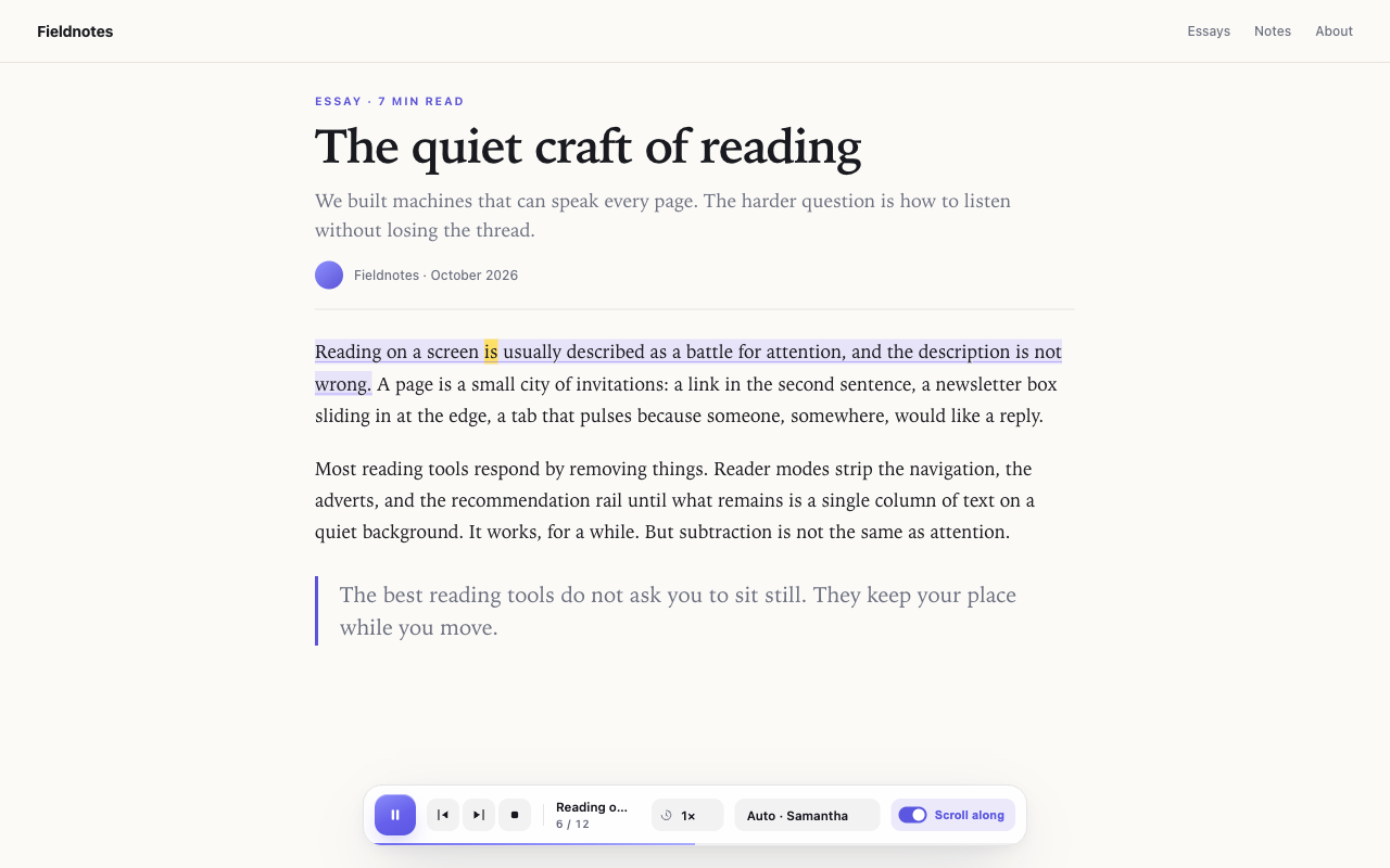 Read Along reading a light-themed article, with the spoken word highlighted and the floating playback bar visible.