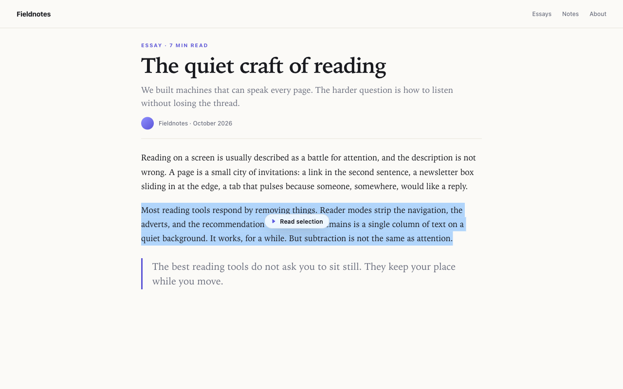 A selected passage with a Read selection button floating above it.