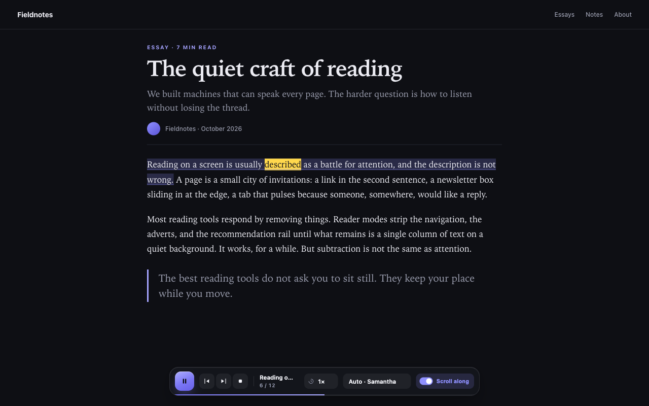 Dark reading view with the spoken word highlighted and the playback controls visible.